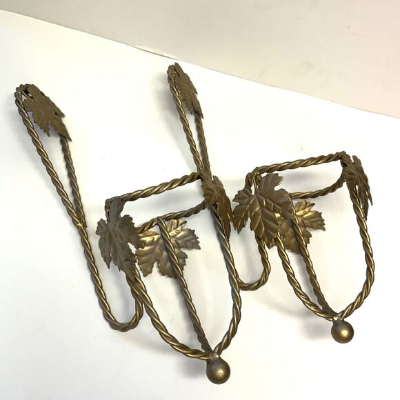 2 VTG Metal Wall Sconces Gold Tone Hanging Candle Holder Twisted Rope And Leaves - Picture 2 of 7